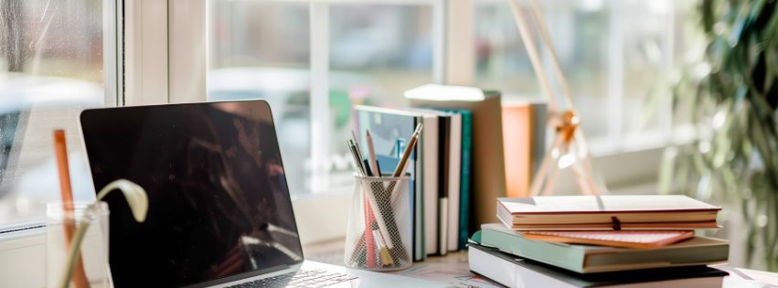 Junge Frau lernt zuhause am Laptop für ihre Heilpraktiker Prüfung